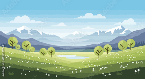 Pixel Art Landscape: Serene Mountain Valley with Lake, Trees, and Wildflowers