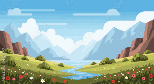 Pixel Art Landscape: Serene Mountain Valley with River, Wildflowers, and Clouds