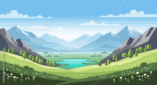 Pixel Art Landscape: Serene Mountain Valley with Lake and Green Hills