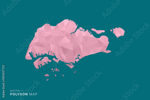 Singapore polygon map vector illustration in low poly geometric style, soft pastel colors with pink and teal green tones, clean silhouette on solid background, ideal for infographic.