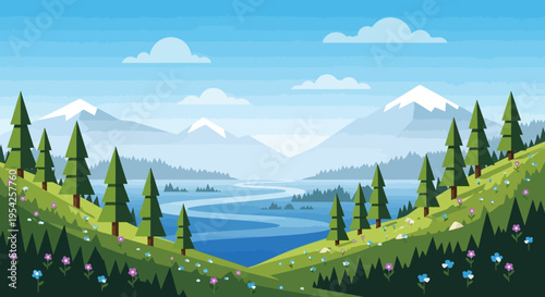 Pixel Art Landscape: Serene Mountain Valley with Winding River and Evergreen Trees