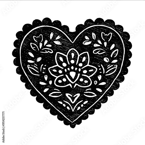 isolated clipart image of decorative ornamental lace Mexican sacred heart linocut vector icon monochrome black and white simple logo for kids on a white ba