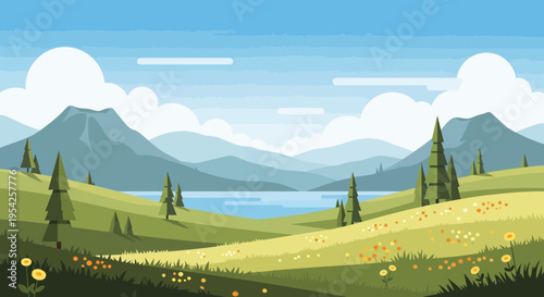 Pixel Art Landscape: Serene Mountains, Lake, and Rolling Hills with Wildflowers