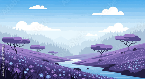 Pixel Art Landscape: Serene Purple Valley with River and Wildflowers