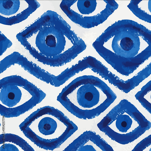 isolated clipart image of watercolor geometric blue handpainted evil eye repetitive pattern linocut vector icon monochrome simple logo for kids on a stripe