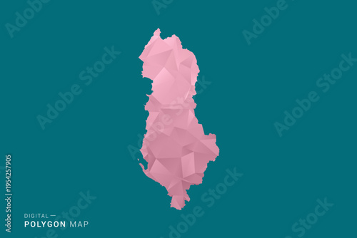 Albania polygon map vector illustration in low poly geometric style, soft pastel colors with pink and teal green tones, clean silhouette on solid background, ideal for infographic.