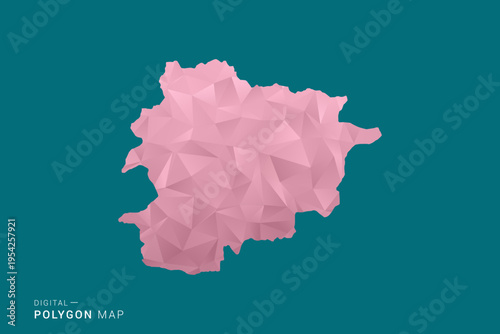 Andorra polygon map vector illustration in low poly geometric style, soft pastel colors with pink and teal green tones, clean silhouette on solid background, ideal for infographic.