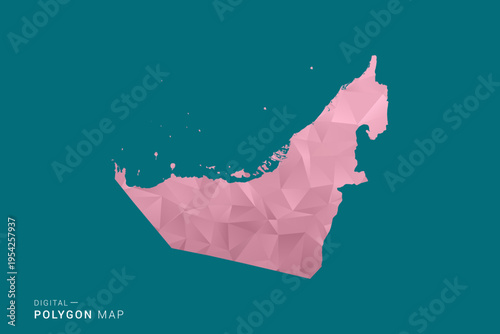 United Arab Emirates polygon map vector illustration in low poly geometric style, soft pastel colors with pink and teal green tones, clean silhouette on solid background, ideal for infographic.