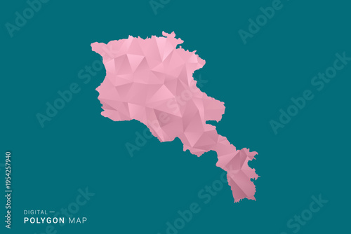Armenia polygon map vector illustration in low poly geometric style, soft pastel colors with pink and teal green tones, clean silhouette on solid background, ideal for infographic.
