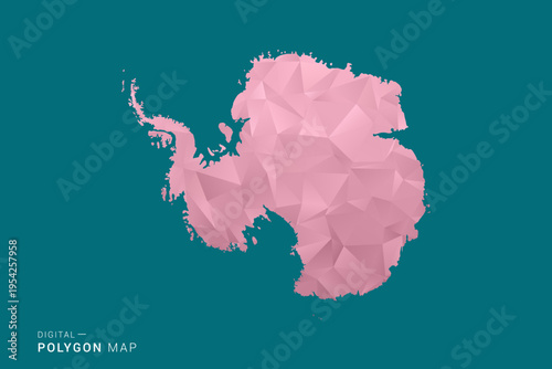 Antarctica polygon map vector illustration in low poly geometric style, soft pastel colors with pink and teal green tones, clean silhouette on solid background, ideal for infographic.