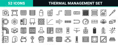 Ultra-minimalist Computer Cooling and HVAC System Outline Icons for Thermal Management Software and Hardware Engineering UI Design