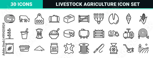 Bovine Livestock and Dairy Farming Ultra-Minimalist Monoline Icons High-Clarity Geometric Line Art Symbols for Agricultural UI UX Design