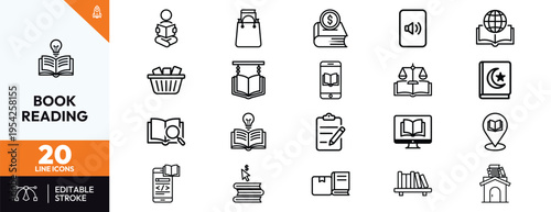 Premium collection of 20 book reading line icons featuring library, education, literature, e-learning, and online study symbols, perfect for school, bookstore, digital reading, and research designs.