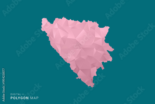 Bosnia and Herzegovina polygon map vector illustration in low poly geometric style, soft pastel colors with pink and teal green tones, clean silhouette on solid background, ideal for infographic.