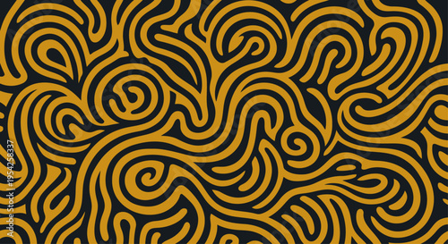 Seamless Topographic Liquid Pattern Backdrop with Bold Mustard Yellow and Dark Charcoal Gray Fluid Shapes, Organic Curvy Lines, and Modern Minimalist Aesthetic Vector