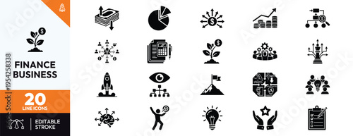 Professional Collection of 20 Finance and Business Glyph Icons Featuring Investment Growth, Strategic Planning, Financial Analysis, Corporate Success, and Management Metaphors for Infographics