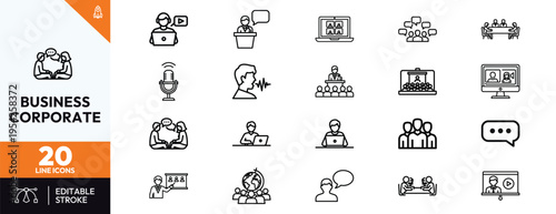 Set of 20 Business and Corporate Line Icons featuring Communication, Remote Work, Video Conferencing, Team Meetings, Presentations, and Global Collaboration Symbols with Editable Stroke