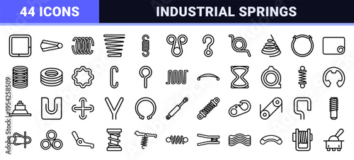 Industrial Tension Spring and Mechanical Component Icon Set featuring Ultra-Minimalist Monoline Geometric Outlines for Engineering Utility