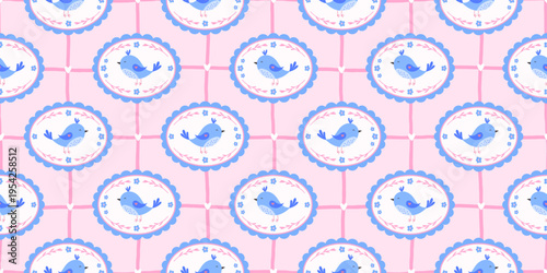 Patchwork cute floral with bird frame seamless and flower kawaii pattern. Spring color pastel with love checkerboard bg and texture blanket holiday. Vintage cover patchwork with ribbon pink bird.