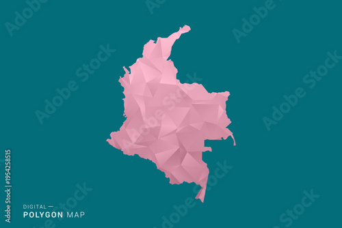 Colombia polygon map vector illustration in low poly geometric style, soft pastel colors with pink and teal green tones, clean silhouette on solid background, ideal for infographic.
