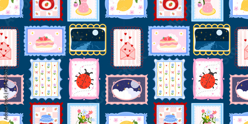 Patchwork ladybug pattern with floral seamless cute and spring flower frame. Kawaii heart gingham with cover citrus tiny and illustration lemon vector. Stationery vintage patchwork with daisy.