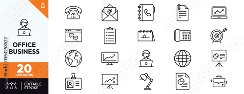 Set of 20 thin line icons for office and business featuring editable stroke vector graphics for web design, marketing, and professional presentations including phone, email, charts, and support.