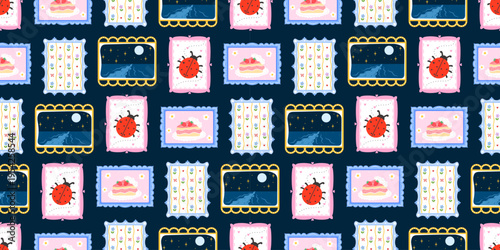 Cute spring ladybug for patchwork flower frame and seamless pattern kawaii. Floral gingham ornament for color background cottagecore and pink daisy checkerboard. Cute stationery plaid.