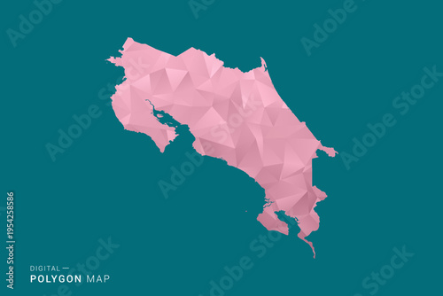 Costa Rica polygon map vector illustration in low poly geometric style, soft pastel colors with pink and teal green tones, clean silhouette on solid background, ideal for infographic.
