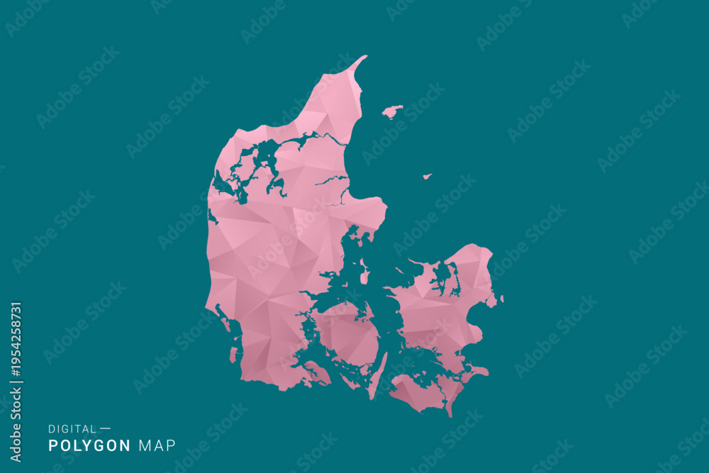 Obraz premium Denmark polygon map vector illustration in low poly geometric style, soft pastel colors with pink and teal green tones, clean silhouette on solid background, ideal for infographic.