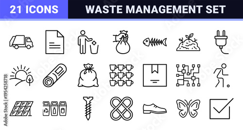Ultra Minimalist Waste Management and Recycling Line Art Icon Set Featuring Geometric Sanitation Symbols for Sustainable Urban Environment Signage