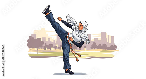 A woman in a hijab practicing kickboxing in a park with a city skyline background