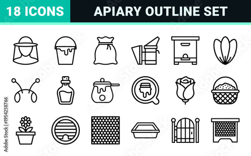 Apiary and Honey Production Ultra-Minimalist Monoline Icons Featuring Bees, Hives, and Geometric Honeycomb Symbols in High-End Line Art Style.