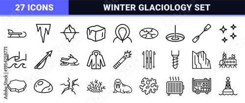 Arctic Environment and Glaciology Line Icons Featuring Icebergs and Winter Symbols in an Ultra-Minimalist Monoline Geometric Aesthetic