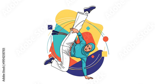 A vibrant illustration of a woman in a hijab performing a breakdancing move on a colorful abstract background