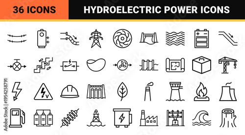 Hydroelectric Power and Renewable Energy Infrastructure Ultra-Minimalist Monoline Geometric Line Art Icon Set for Sustainable Engineering