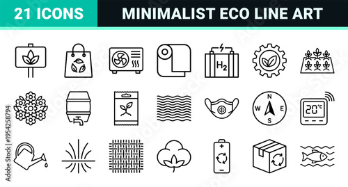 Sustainability and Environmental Conservation Ultra-Minimalist Monoline Icon Set featuring Geometric Line Art for Eco-Friendly Digital Interfaces.