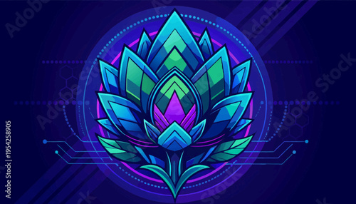 Abstract pink lotus flower vector illustration with blue floral ornament pattern and nature design elements on a decorative leaf blossom wallpaper circle frame