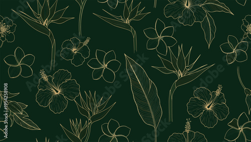 Luxurious Tropical Floral Pattern with Golden Outlines on Deep Emerald Green Background