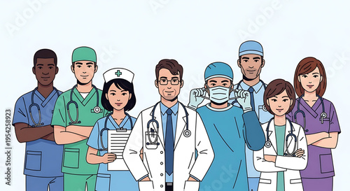 A diverse group of medical professionals standing together in a line, representing healthcare and teamwork