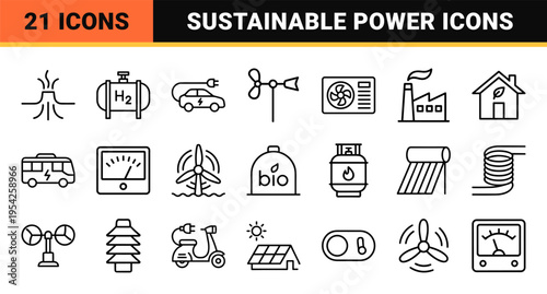 Sustainable Energy and Green Technology Ultra-Minimalist Monoline Outline Icon Set for Eco-Friendly Power and Renewable Industry Solutions.