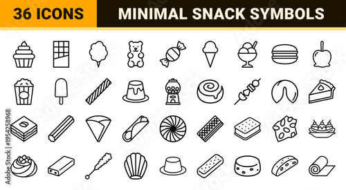 Ultra-Minimalist Geometric Outline Icon Set Featuring Confectionery and Street Food Snacks with Clean Monoline Aesthetic and Precise Stroke Weight.