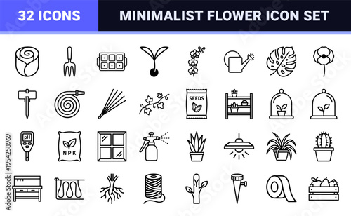 Botanical Growth and Gardening Line Art Icons with Ultra-Minimalist Monoline Geometric Aesthetic for Professional Floriculture and Agriculture.