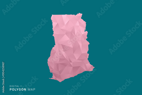 Ghana polygon map vector illustration in low poly geometric style, soft pastel colors with pink and teal green tones, clean silhouette on solid background, ideal for infographic.