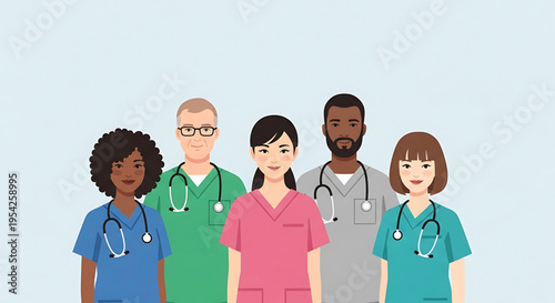 A diverse group of medical professionals standing together in colorful scrubs and stethoscopes, representing healthcare and teamwork