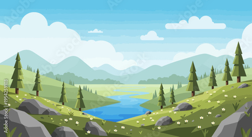 Pixel Art Landscape: Serene Valley with River, Mountains, and Wildflowers