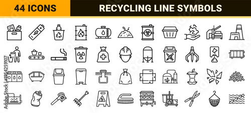 Waste Management and Sanitation Geometric Outline Icons; Ultra-minimalist Monoline Symbols for Refuse, Recycling, and Industrial Cleaning.