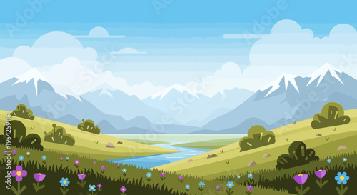 Pixel Art Landscape: Serene Valley with River, Mountains, and Wildflowers