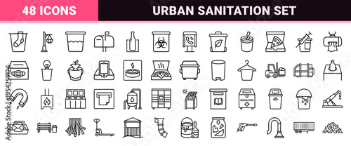 Urban Waste Management and Public Sanitation Symbols in Ultra-Minimalist Monoline Aesthetic for Smart City Navigation and Civic Interface Design