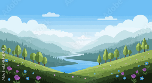 Pixel Art Landscape: Serene Valley with Winding River, Rolling Hills, and Blooming Wildflowers