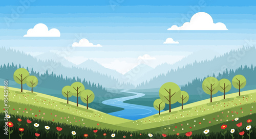 Pixel Art Landscape: Serene Valley with Winding River, Rolling Hills, and Wildflowers
